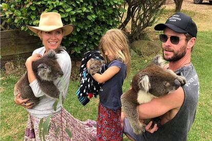 Chris Hemsworth, Elsa Pataky y su hija India Rosa con una familia de Koalas en brazos. "¿Cuál es el más bonito?", preguntaba la actriz española en Instagram.