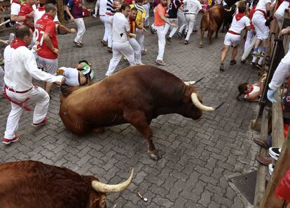 Toros de Pedraza de Yeltes han protagonizado el cuarto encierro de San Fermín 2016.