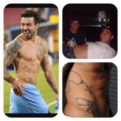 El tatuador Chatrán y Ezequiel Lavezzi, con muchos de sus diseños.