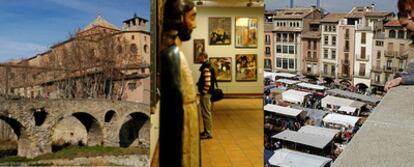 De izquierda a derecha, tres imágenes de Vic: puente románico junto a la puerta de Queralt, interior del Museo Episcopal y puestos en la plaza del Mercadal.