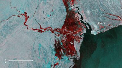 Imagen de satélite que muestra las inundaciones provocadas por el ciclón Idai a su paso por Beira (Mozambique).