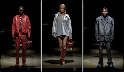 Tres modelos en el desfile de Camperlab durante la semana de la moda de París 2025.
