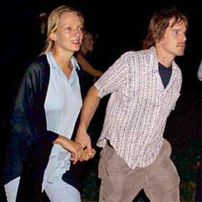 Uma Thurman con su marido Ethan Hawke en Nueva York.