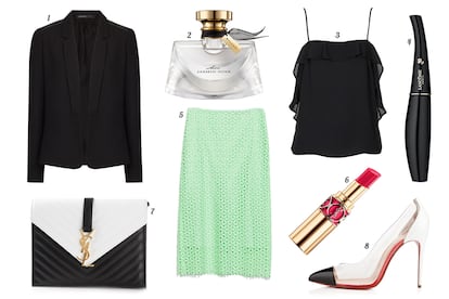 1. Mango Blazer con detalles de piel en los hombros. 2. Bvlgari Eau de parfum “Mon Jasmin Noir”. 3. Topshop Top con tirantes y volante. 4. Lancôme Máscara de pestañas “L'Extrême”. 5. Zara Falda lápiz de guipur. 6. Yves Saint Laurent Barra de labios “Rouge Volupte”. 7. Saint Laurent Cartera de piel bicolor con cierre de logo. 8. Christian Louboutin Stiletto de piel bicolor y vinilo.