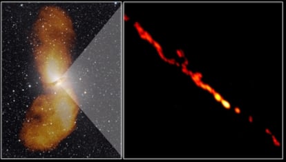 La galaxia elíptica Centauro A (izquierda) y detalles de los chorros de partículas (que se extienden hasta casi un millón de años luz desde el centro) captados por los científicos del proyecto Tanami.