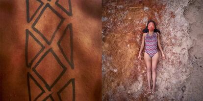 Tupí posa para un retrato sobre la playa de su comunidad, en la aldea San Francisco. El territorio que Tupí defiende es su cuerpo. Sobre su espalda pintada con urucú exhibe un grafismo indígena que representa una serpiente, símbolo de fortaleza.