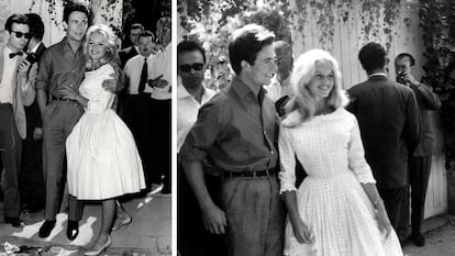 Brigitte Bardot se casó el 18 de junio de 1959 con Jacques Charrier en segundas nupcias. El vestido que lució, firmado por Jacques Esterel, rompe con el tradicional estilo nupcial. De corte New Look de Dior con botones de arriba abajo, a modo camisa, cuello babero y mangas francesas la actriz apostó por un vestido estampado Vichy de tono rosa. Es una pena, porque no puede apreciarse el color en la foto.