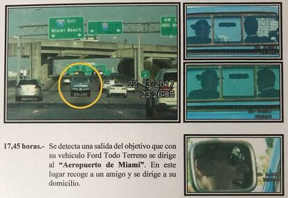 Imágenes del seguimiento a Julio José en Miami que figuran en el informe de los detectives. La hora es la de España, que no se cambió para evitar confusiones en el futuro juicio.
