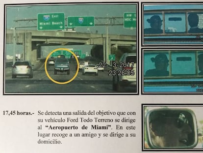 Imágenes del seguimiento a Julio José en Miami que figuran en el informe de los detectives. La hora es la de España, que no se cambió para evitar confusiones en el futuro juicio.