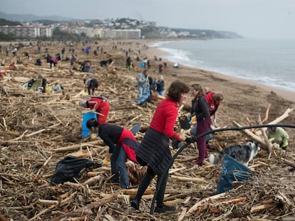 Diverses persones netegen la platja d'Arenys de Mar, després del temporal Glòria. 