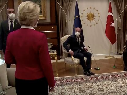 Ursula von der Leyen, Charles Michel y Recep Tayyib Erdogan, en la reunión mantenida el pasado 6 de abril en Ankara (Turquía).