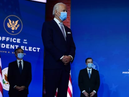 El presidente electo de Estados Unidos, Joe Biden, este martes durante la presentación de los primeros miembros de su Gobierno, en Wilmington (Delaware).