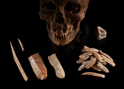 Male skull and stone tools from Groß Fredenwalde (Germany), dated 7,000 years ago.