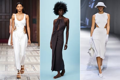 Los vestidos con 'agujeros'. Los conocidos en ingls como cut out, que no son otra cosa que peque?as aberturas que dejan ver la piel, son otra de las constantes en las colecciones para esta primavera-verano. Lo dejan claro Givenchy, Fendi (izquierda), Prada, Gabriela Hearst (derecha), Kenzo o Carolina Herrera, por citar solo algunos ejemplos. La unanimidad ha sido tal que tambin se ha convertido en tendencia ubicua en las cadenas low cost. Quiz los agujeros ms discretos tengan una peque?a oportunidad de triunfar.