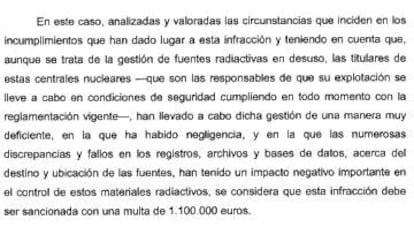 Fragment de l'ordre ministerial que va tancar l'expedient sancionador d'Ascó. Clicant sobre la imatge s'accedeix al document sencer.