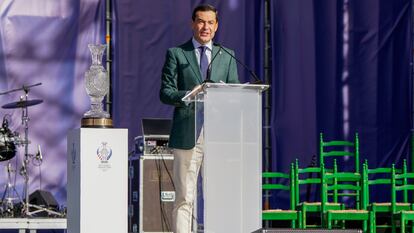 El presidente de la Junta de Andalucía, Juan Manuel Moreno Bonilla, participa este jueves, en la Inauguración Copa Solheim de Golf 2023, en Málaga (Andalucia).