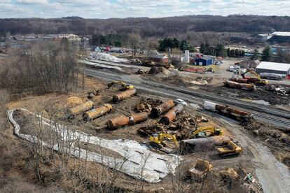 Cleanup continues at the site of a Norfolk Southern freight train derailment that happened on Feb. 3, in East Palestine, Ohio.