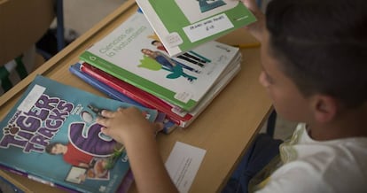 Un alumno de un colegio de Sevilla, ante sus libros en ingl&eacute;s y castellano.