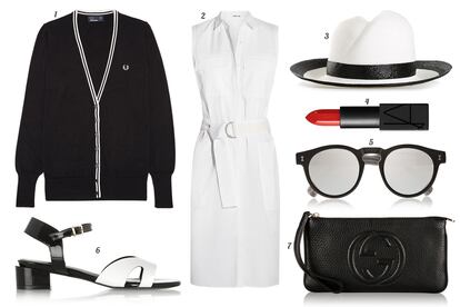 1. Fred Perry Chaqueta oversize de punto bicolor. 2. Helmut Lang Vestido sin mangas con cinturón. 3. Gigi Burris Millinery Sombrero de rafia bicolor. 4. NARS Barra de labios 'Audacious'. 5. Illesteva Gafas de sol con montura de pasta. 6. Robert Clergerie Sandalia bicolor de charol y piel. 7. Gucci Clutch de piel con logo.