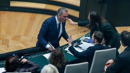 Javier Ortega Smith, de Vox, se encara contra Eduardo Fernández Rubiño, de Más Madrid, en el pleno del Ayuntamiento de Madrid.