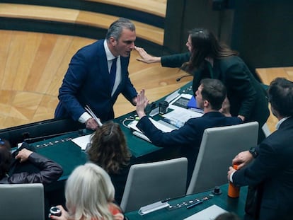 Javier Ortega Smith, de Vox, se encara contra Eduardo Fernández Rubiño, de Más Madrid, en el pleno del Ayuntamiento de Madrid.