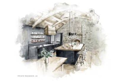 Boceto de Vicky Charles para el proyecto de la cocina en una residencia privada en Reino Unido. |