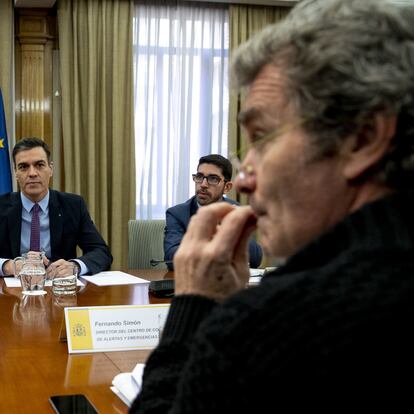 Spanish President Pedro Sanchez,Salvador Illa,Fernando Simon during a coronavirus / COVID 19 meeting  in Madrid, Spain, Wednesday, March 11, 2020.