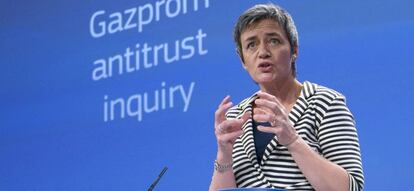 La comisaria europea de Competencia, Margrethe Vestager, en la rueda de prensa.