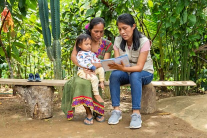 Yudy Chilingano, responsable del área de nutrición del proyecto, enseña a una mujer beneficiaria de la comunidad de Quimotari la situación en la que se encuentra su hija en la tabla de crecimiento infantil de la OMS.