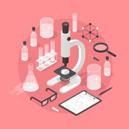 Detailed isometric illustration of chemical laboratory equipment. Set of various test tubes, flask, jars and bottles with liquid, dropper, microscope, support stand, magnifier and other tools.