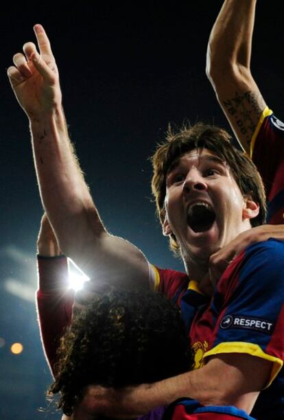 Messi celebrates his first goal.