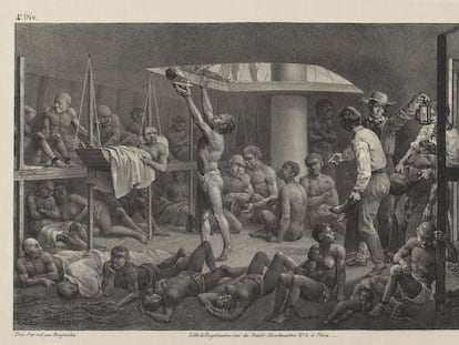 Un grabado de 1835 muestra esclavos a bordo de un barco, titulado "Negros en la bodega".