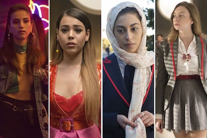 De izquierda a derecha, las actrices caracterizadas como sus personajes en la serie: Claudia Salas en una imagen de la nueva temporada, Danna Paola, Mina El Hammani y Georgina Amorós.