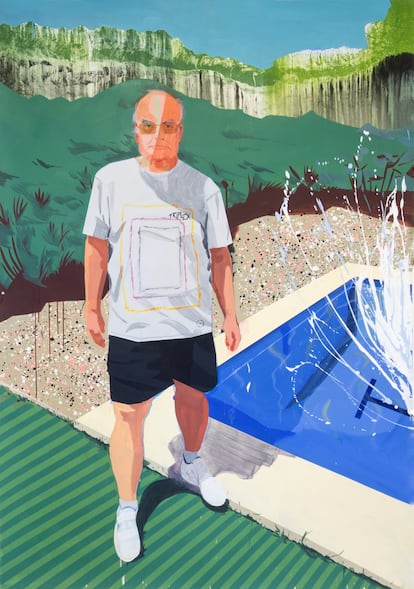 La obra '1, 2, 3... Splash (Retrato de un amigo)', de Miki Leal en la que aparece Luis Gordillo y es un homenaje a David Hockney y a Matisse.