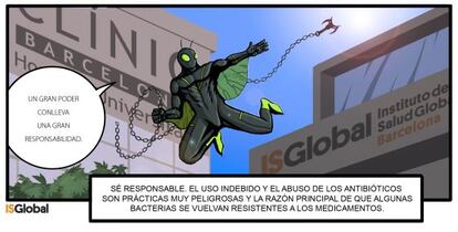Una tabla del cómic de la campaña de ISGlobal sobre el uso prudente de los antibióticos.