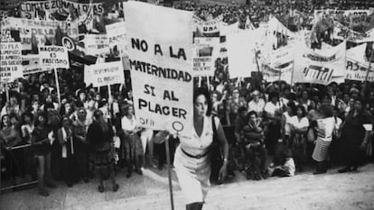 Em 8 de março de 1984, a feminista María Elena Oddone se manifestou com um enorme cartaz em que se lia: “Não à maternidade, sim ao prazer”.