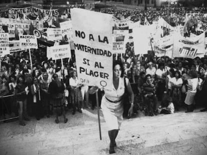 Em 8 de março de 1984, a feminista María Elena Oddone se manifestou com um enorme cartaz em que se lia: “Não à maternidade, sim ao prazer”.