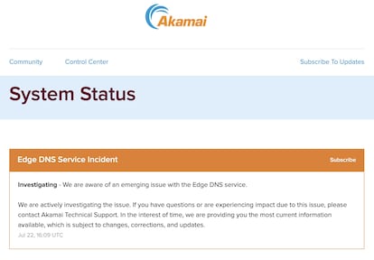 Mensaje sobre el incidente publicado por Akamai.