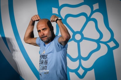 Pep Guardiola, durante las celebraciones de la Champions League en Manchester.