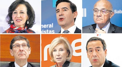 De arriba abajo y de izquierda a derecha, la presidenta de Banco Santander, Ana Botín; el de BBVA, Carlos Torres; el de Sabadell, Josep Oliu; el presidente de Bankia, José Ignacio Goirigolzarri; la CEO de Bankinter, Dolores Dancausa, y el CEO de CaixaBank, Gonzalo Gortázar.