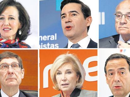 De arriba abajo y de izquierda a derecha, la presidenta de Banco Santander, Ana Botín; el de BBVA, Carlos Torres; el de Sabadell, Josep Oliu; el presidente de Bankia, José Ignacio Goirigolzarri; la CEO de Bankinter, Dolores Dancausa, y el CEO de CaixaBank, Gonzalo Gortázar.