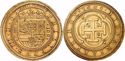 A gold coin made in Segovia in 1609, which sold for €944,000.