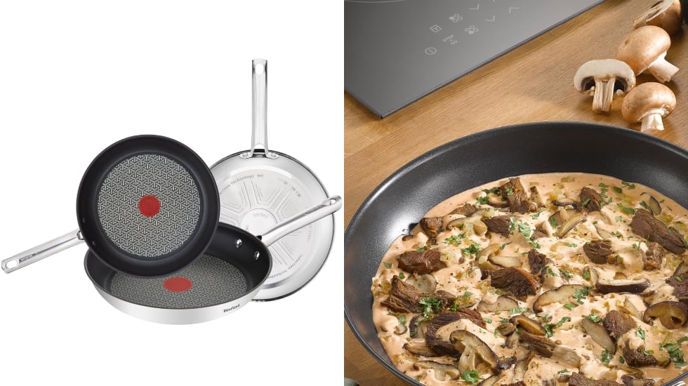 Juego de tres sartenes con revestimiento de titanio, de Tefal.
