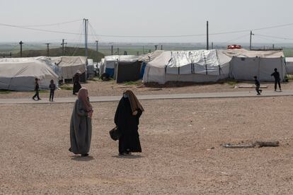 Dos españolas en el campo de Al Roj, el mismo en el que vivían las mujeres repatriadas este miércoles por Alemania y Dinamarca.