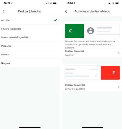 Gmail cambiar acciones de deslizamiento.