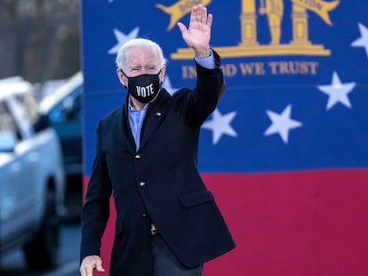 Joe Biden, presidente electo de EE UU, durante un mitin demócrata en Atlanta (Georgia), este lunes.