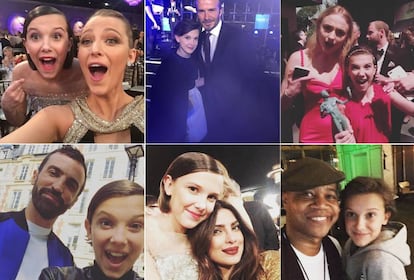 <p> El éxito de la serie ‘Stranger Things’ ha llevado a Millie Bobby Brown a las alfombras rojas y entregas de premios más importantes. Y la joven actriz ha convertido su cuenta de Instagram, en la que tiene 3,5 millones de seguidores, en un álbum en el que recuerda sus encuentros con sus estrellas favoritas. </p> <br> <p> Arriba, de izquierda a derecha: Millie Bobby Brown con la actriz Blake Lively, el exfutbolista David Beckahm y la intérprete Sophie Turner, Sansa Stark en ‘Juego de tronos’. Abajo, de izquierda a derecha: Millie Bobby Brown con el diseñador de Louis Vuitton Nicolas Ghesquière y los actores Priyanka Chopra y Cuba Gooding Jr.</p>