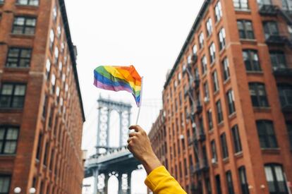 Una persona ondea una bandera LGTBI en Nueva York.