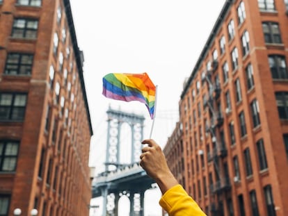 Una persona ondea una bandera LGTBI en Nueva York.