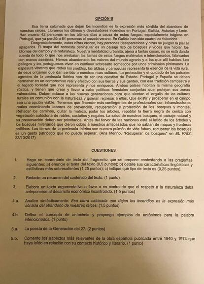 La hoja del examen de Lengua Castellana y Literatura II.